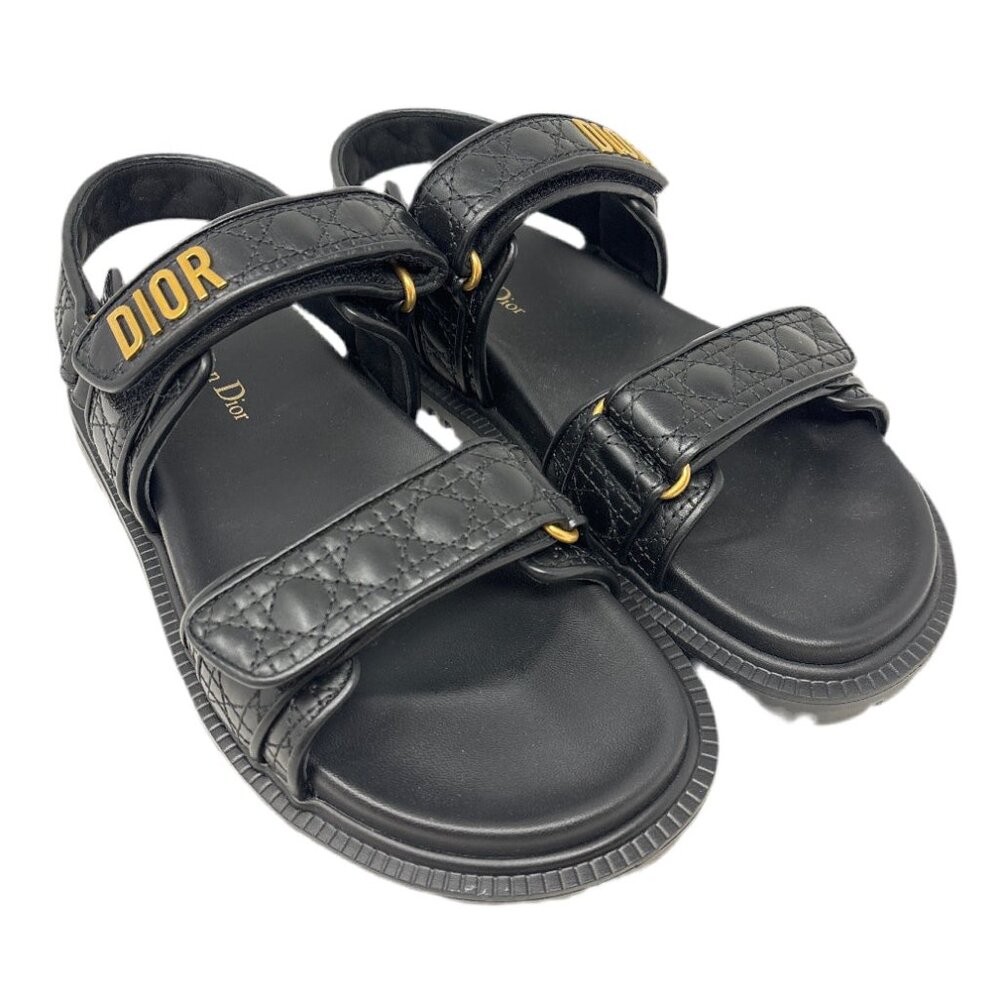 Christian Dior Black Leather Quilted Sandals with Gold DIOR logo Sz-39.5 - Picture 2 of 5